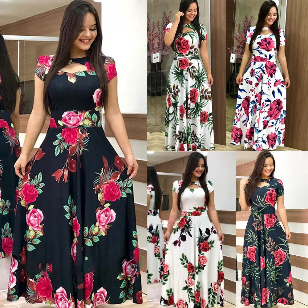 Elegant Spring Autumn Casual Bohmia Flower Maxi Dresses