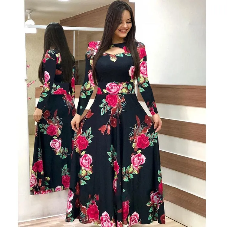 Elegant Spring Autumn Casual Bohmia Flower Maxi Dresses