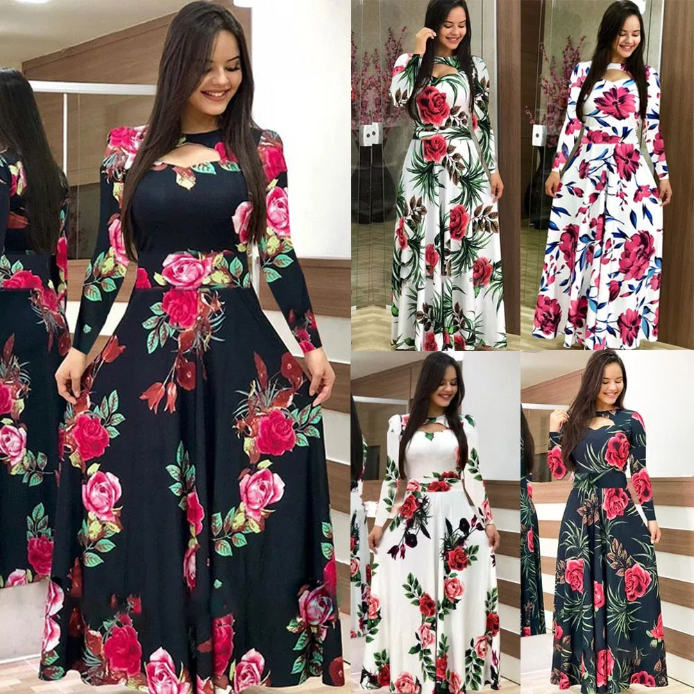 Elegant Spring Autumn Casual Bohmia Flower Maxi Dresses