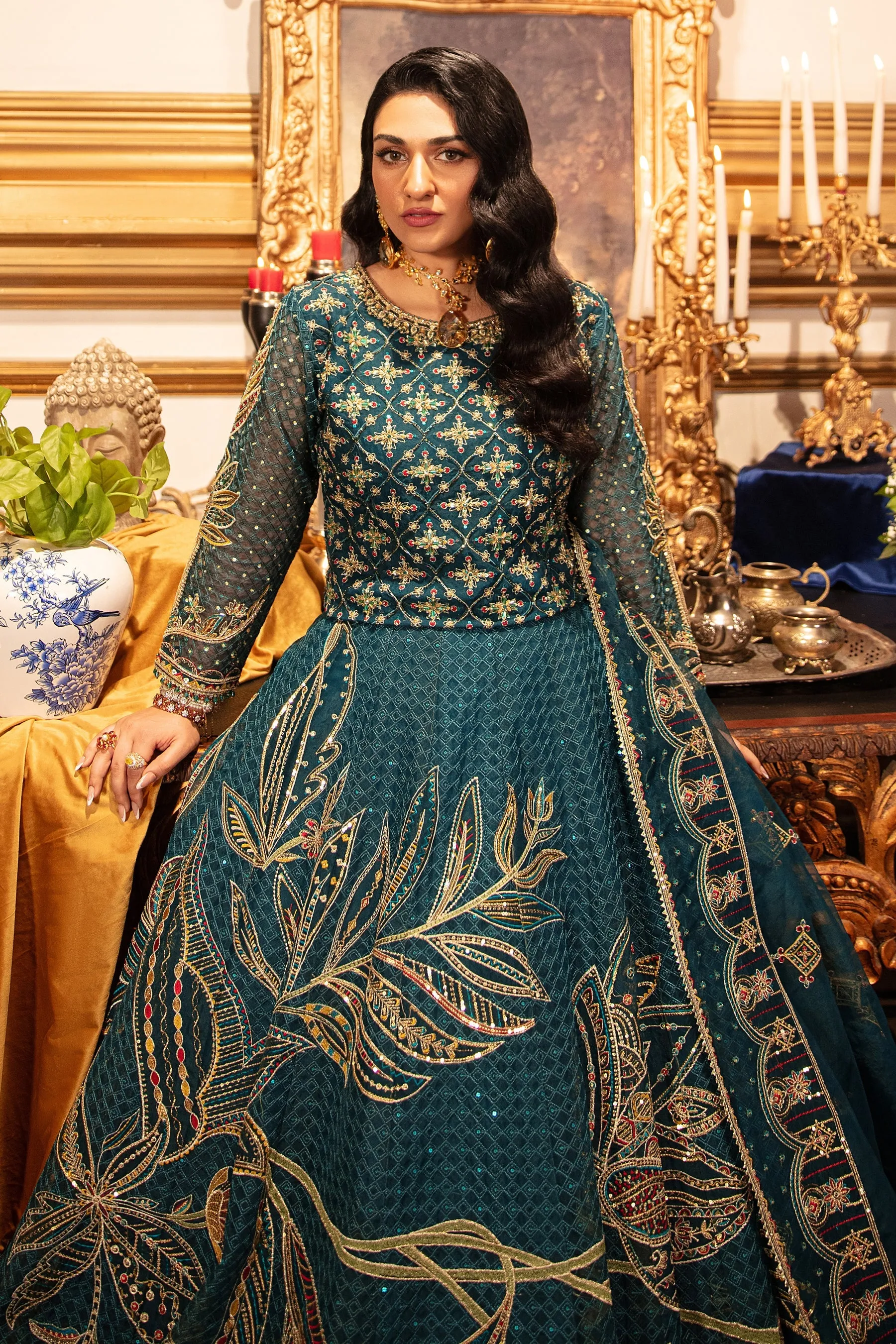 Embroidered Pakistani Wedding Dress Pishwas Style Frock Zinc Shade