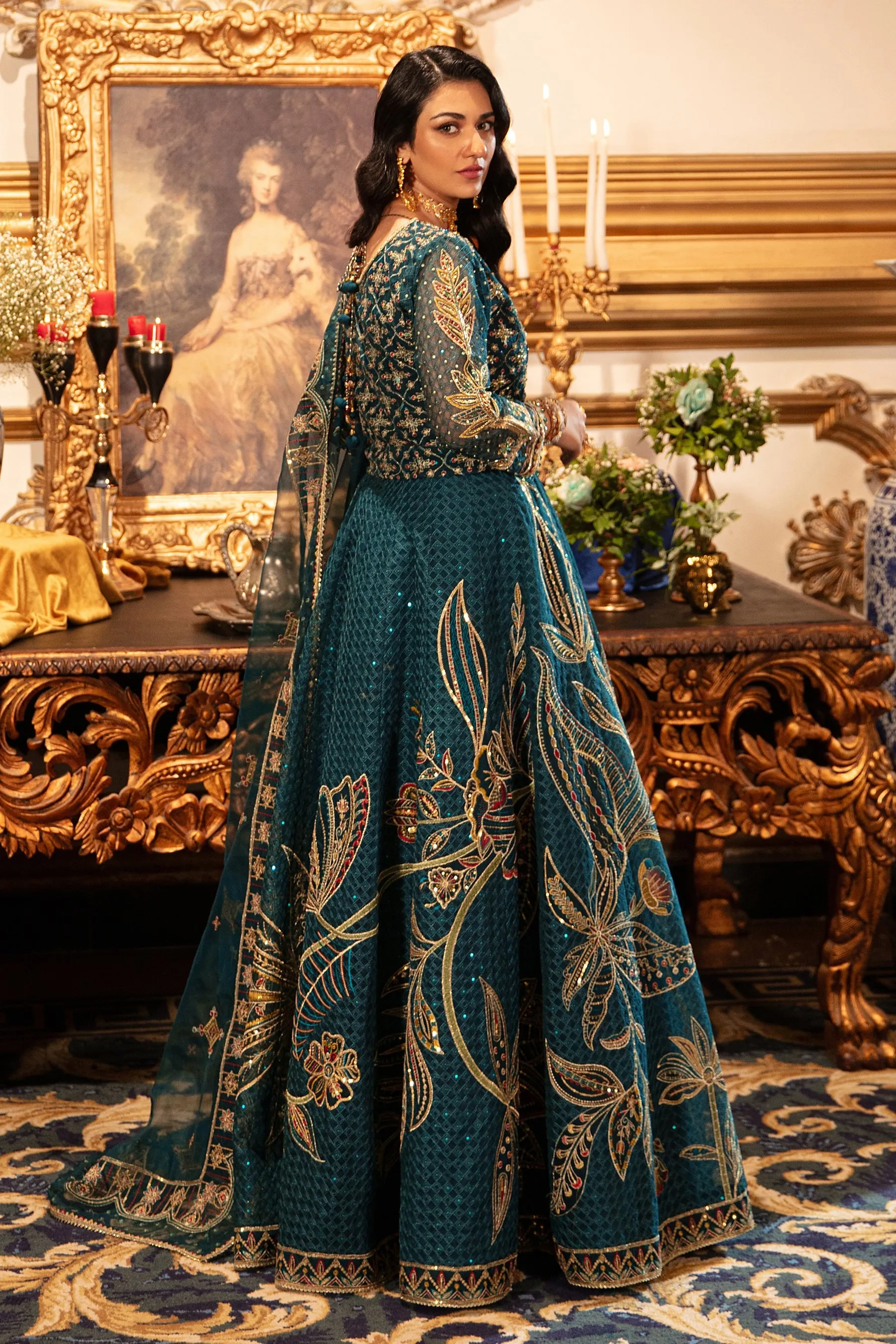 Embroidered Pakistani Wedding Dress Pishwas Style Frock Zinc Shade