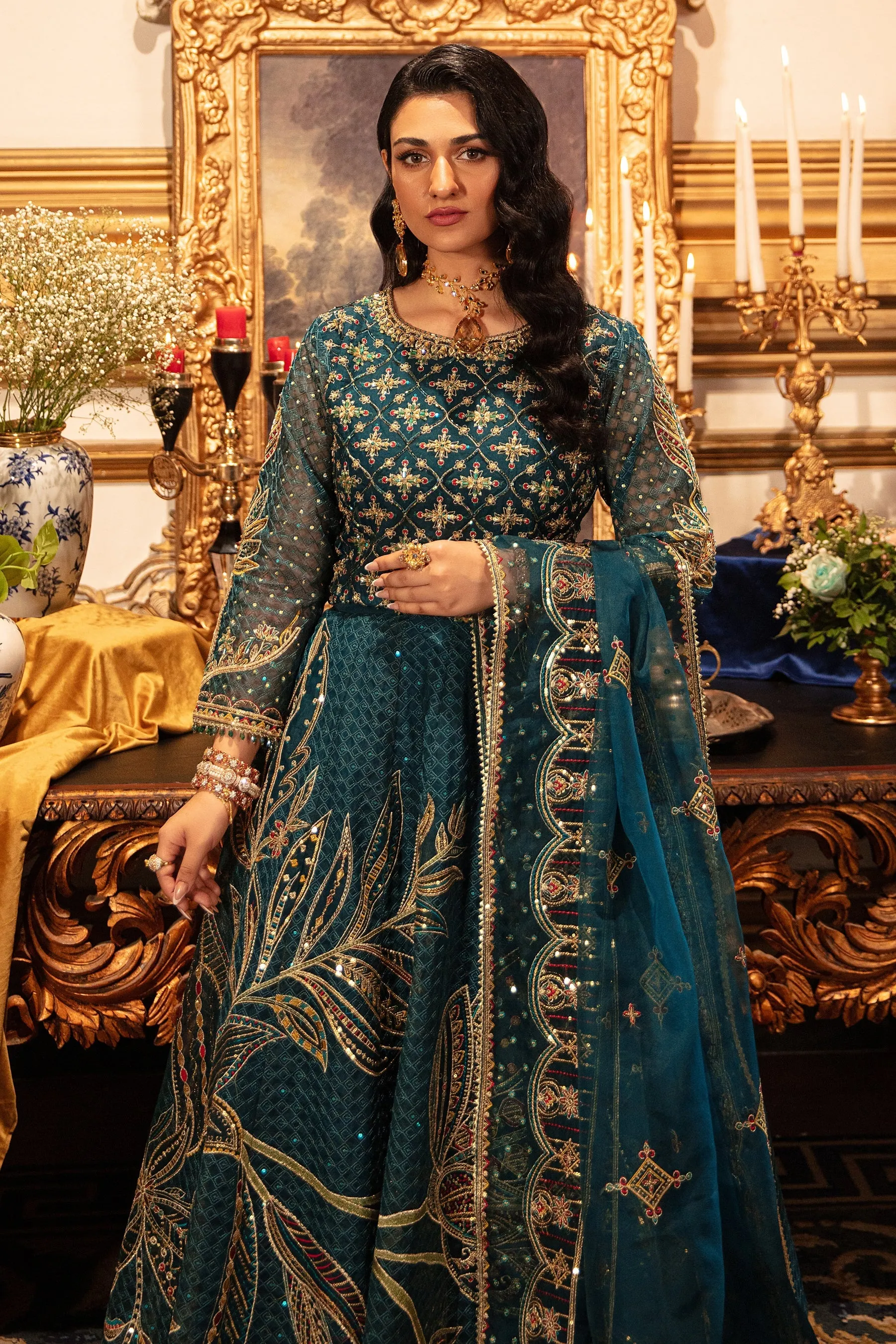 Embroidered Pakistani Wedding Dress Pishwas Style Frock Zinc Shade