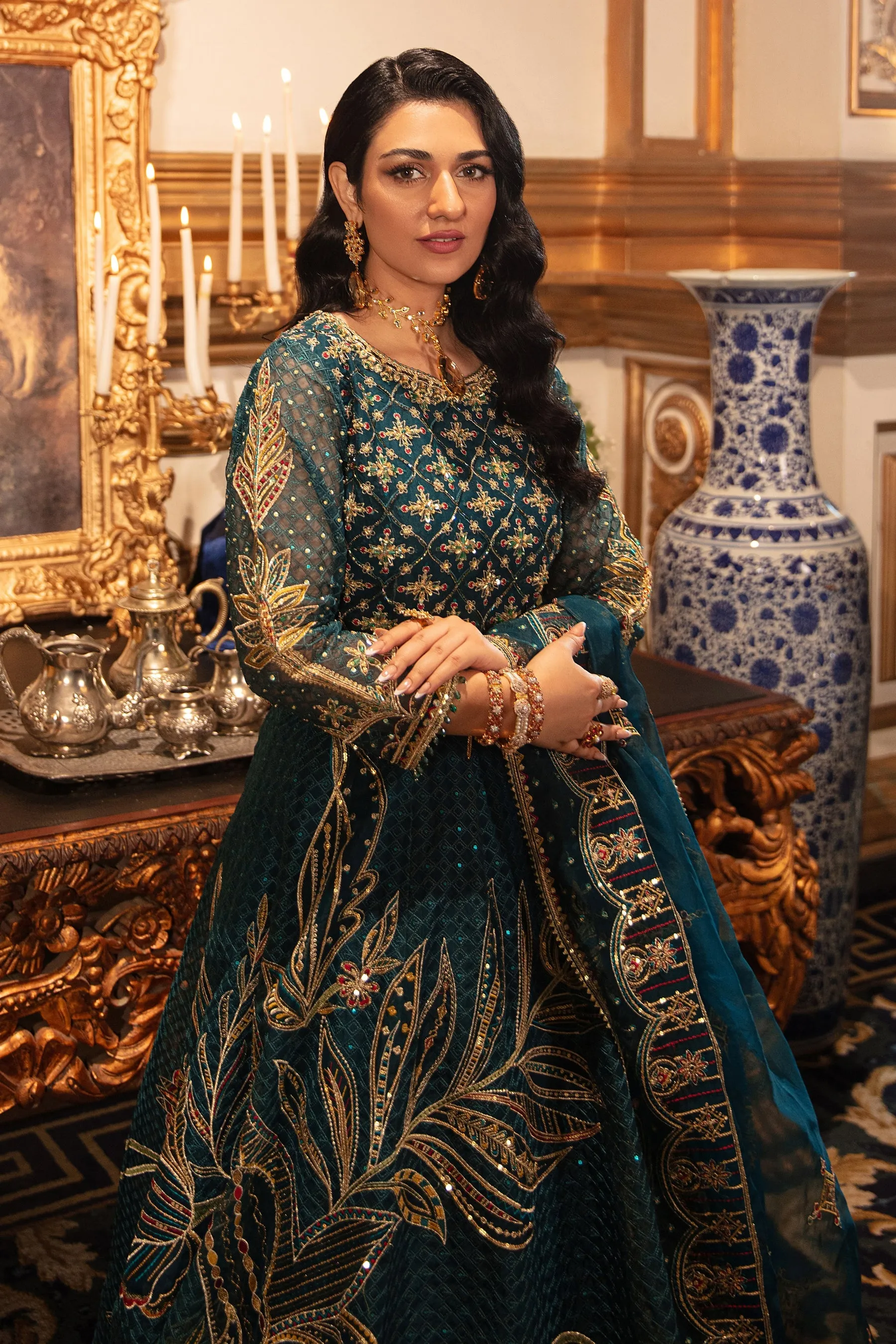 Embroidered Pakistani Wedding Dress Pishwas Style Frock Zinc Shade