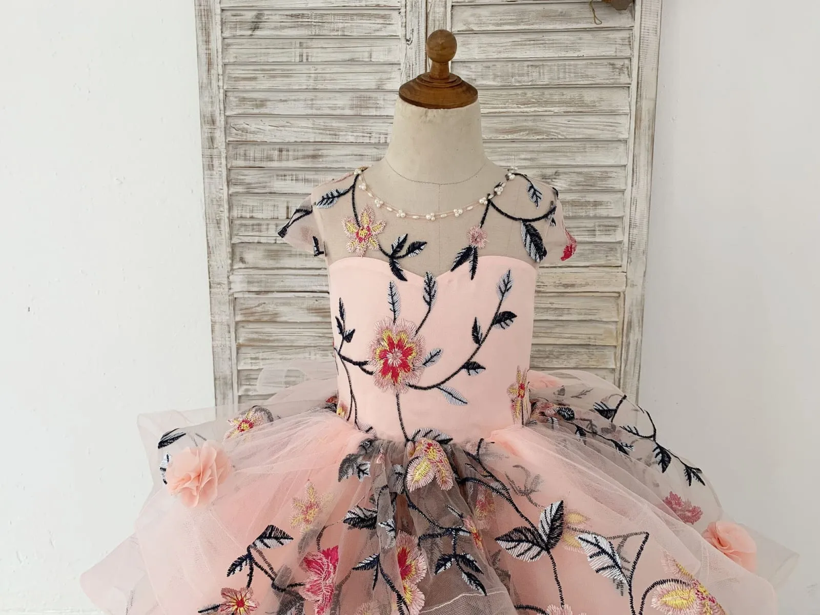 Embroidery Lace Tulle Cap Sleeves Keyhole Back Wedding Flower Girl Dress