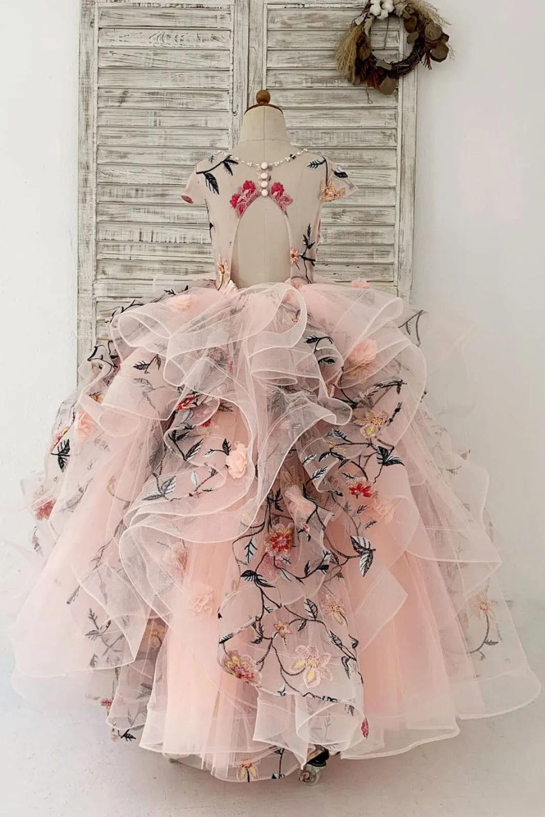 Embroidery Lace Tulle Cap Sleeves Keyhole Back Wedding Flower Girl Dress