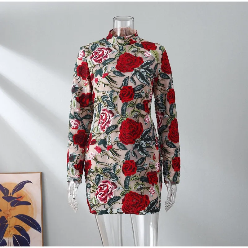 Ethel Embroidered Lace High Collar Mini Dress