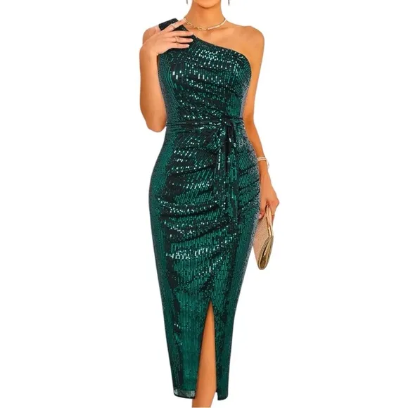 EUC GRACE KARIN Women Sleeveless One Shoulder Sequin Dress With Slit Worn Once