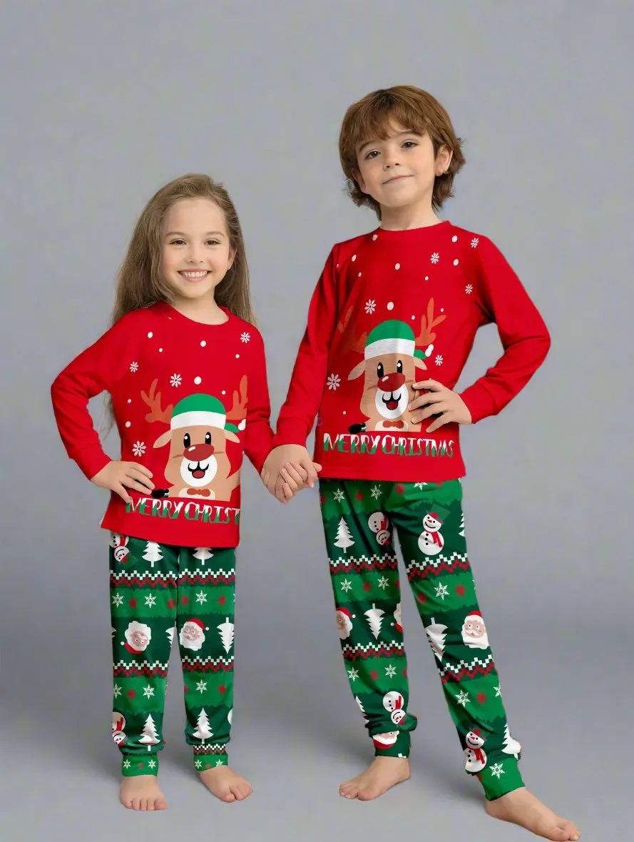 Family Matching Christmas Pajama Set - Festive Reindeer & Santa Print in Red & Green for Holiday Celebrations