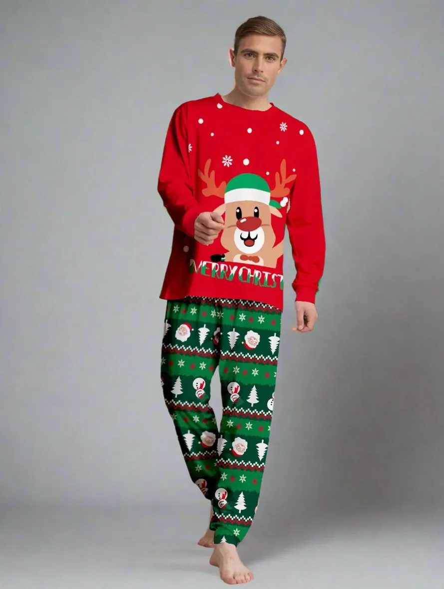 Family Matching Christmas Pajama Set - Festive Reindeer & Santa Print in Red & Green for Holiday Celebrations
