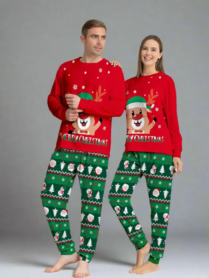 Family Matching Christmas Pajama Set - Festive Reindeer & Santa Print in Red & Green for Holiday Celebrations