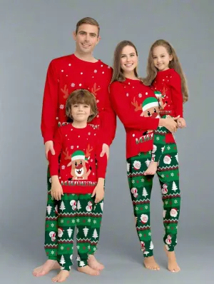 Family Matching Christmas Pajama Set - Festive Reindeer & Santa Print in Red & Green for Holiday Celebrations