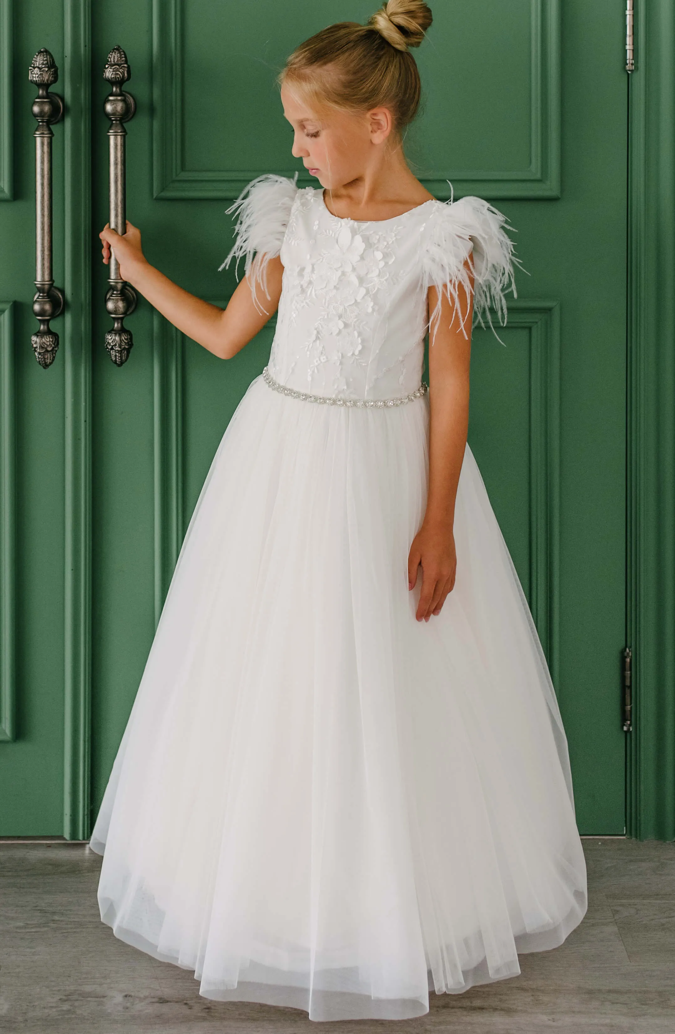 Feather Sleeve Floral Tulle Dress E27