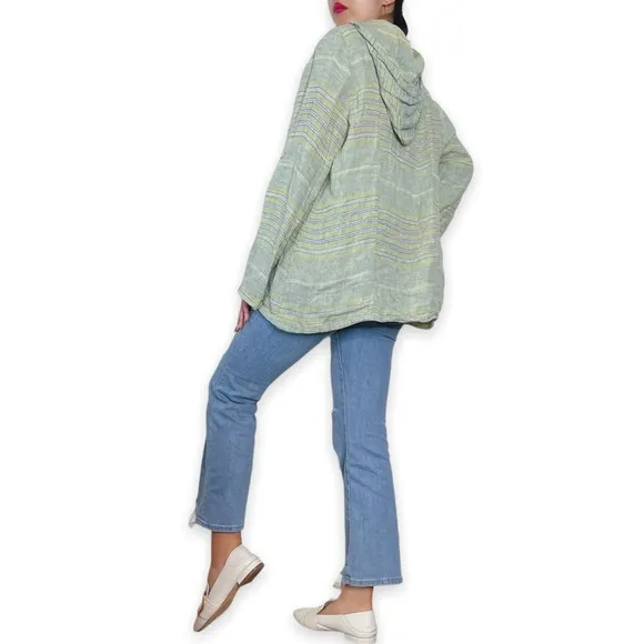 Flax 100% Linen Green Stripe Hooded Jacket Size M