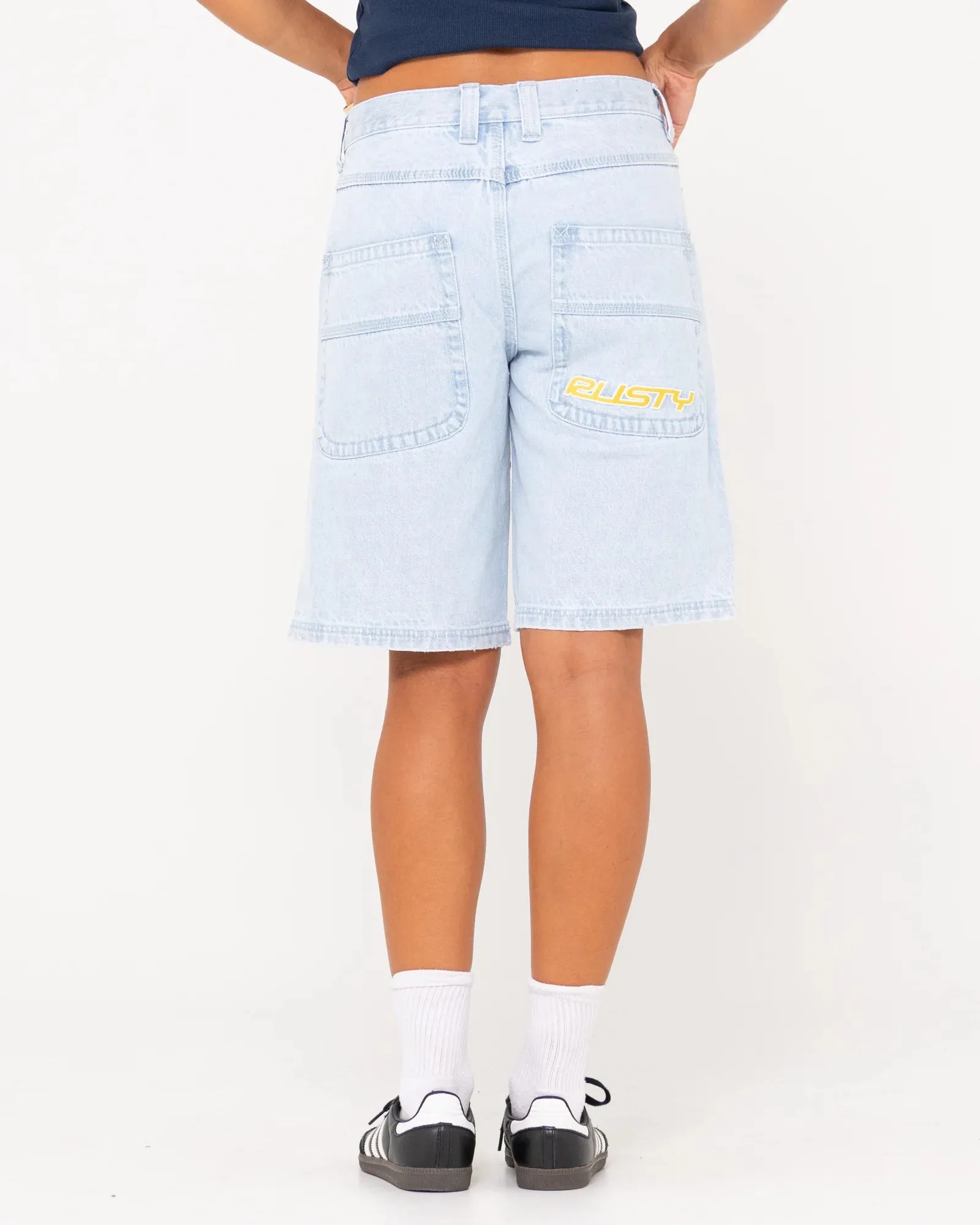 Flip Mommy Low Rise Wide Leg Denim Jort - Sky Blue Heather/ Red Gold