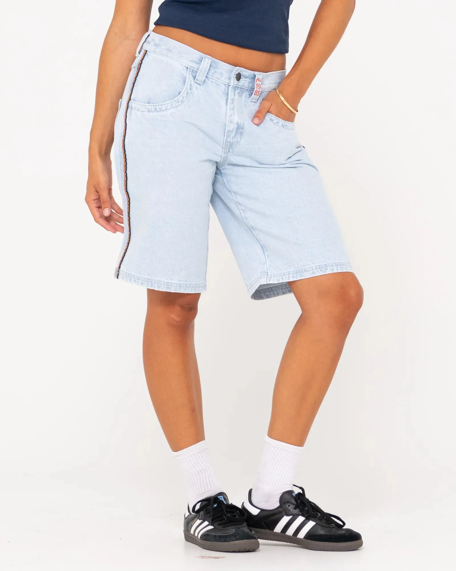 Flip Mommy Low Rise Wide Leg Denim Jort - Sky Blue Heather/ Red Gold