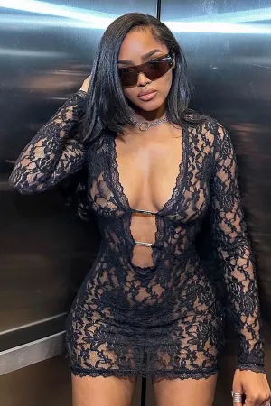Floral Lace Plunge Neck Long Sleeve See Through Fitted Mini Dresses-Black