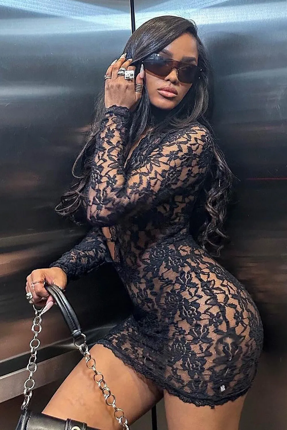 Floral Lace Plunge Neck Long Sleeve See Through Fitted Mini Dresses-Black