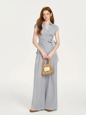 Fluid Collared Wrap Top & Wide-Leg Pants
