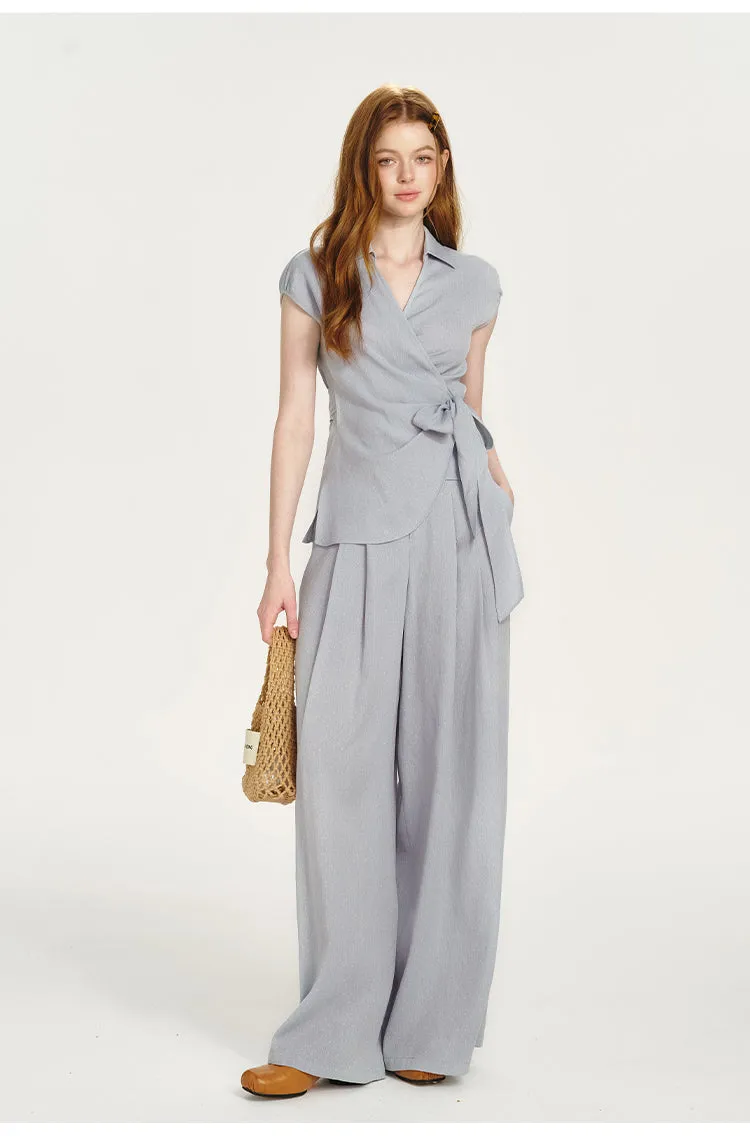 Fluid Collared Wrap Top & Wide-Leg Pants