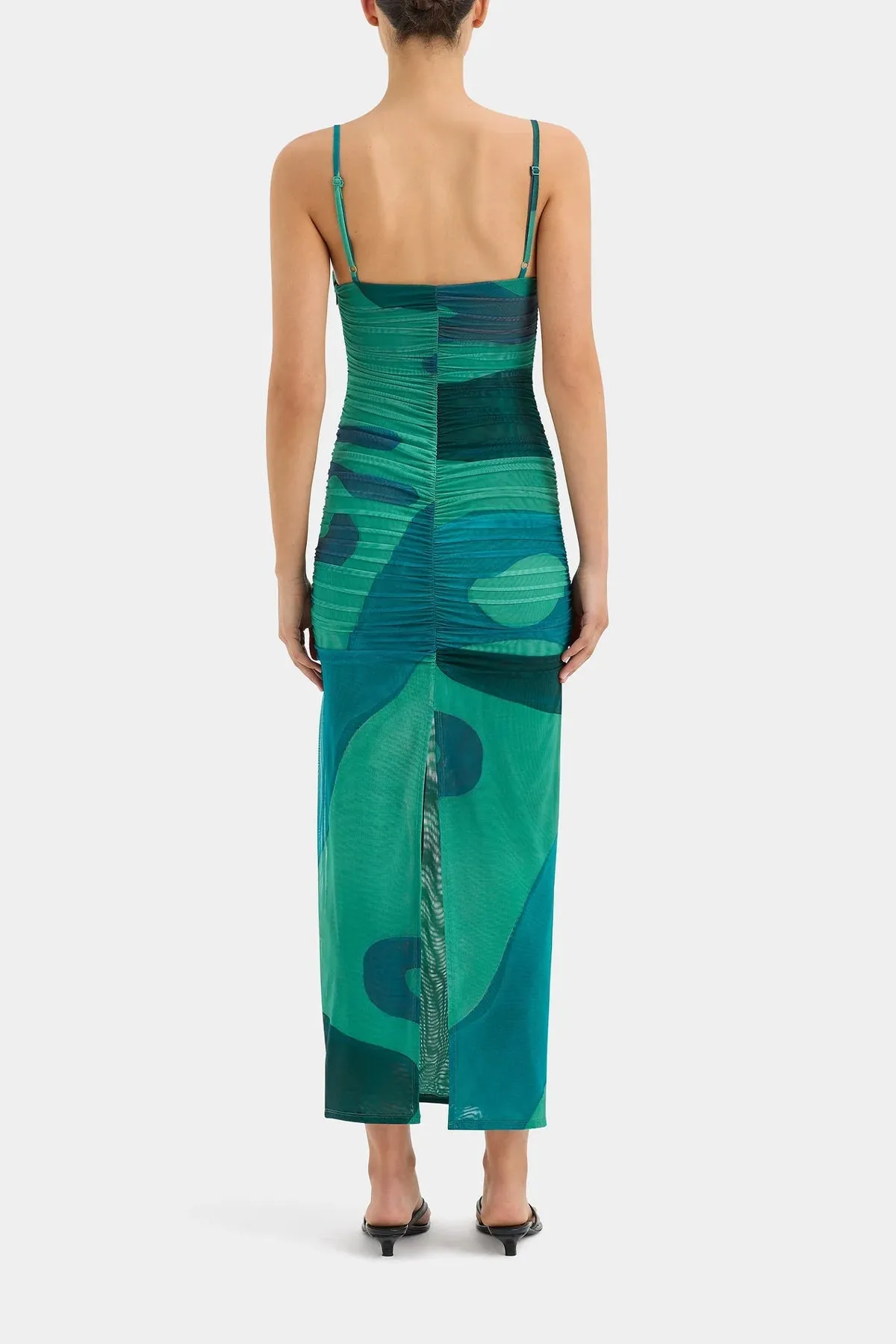 Frankie Gathered Midi Dress in Emerald Reflection