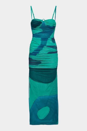 Frankie Gathered Midi Dress in Emerald Reflection