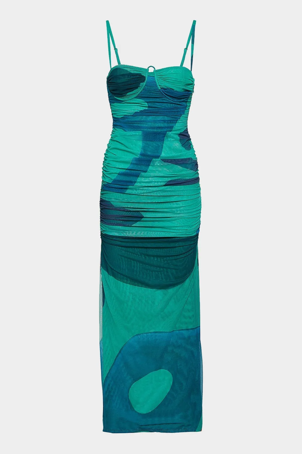 Frankie Gathered Midi Dress in Emerald Reflection