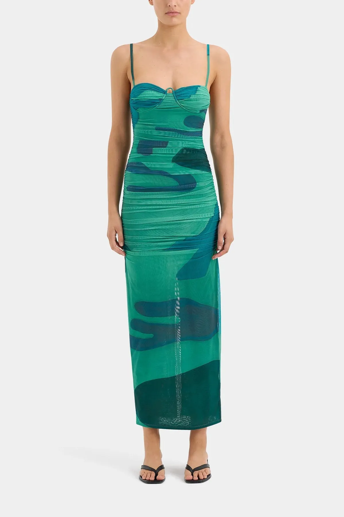Frankie Gathered Midi Dress in Emerald Reflection