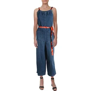 Free People Womens Joyride Denim Printed Straps Jumpsuit Blue 10