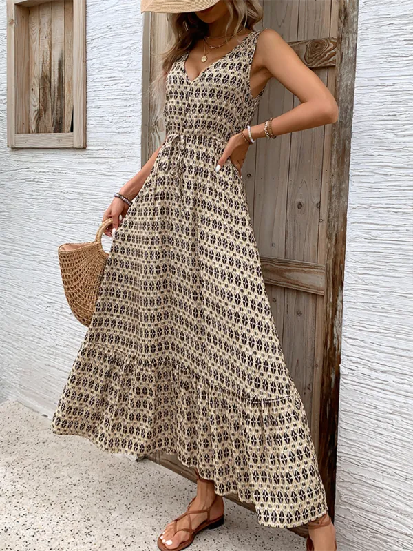 Geometric Diamond Print Maxi Dress with Drawstring Waist