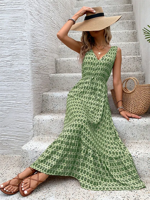 Geometric Diamond Print Maxi Dress with Drawstring Waist