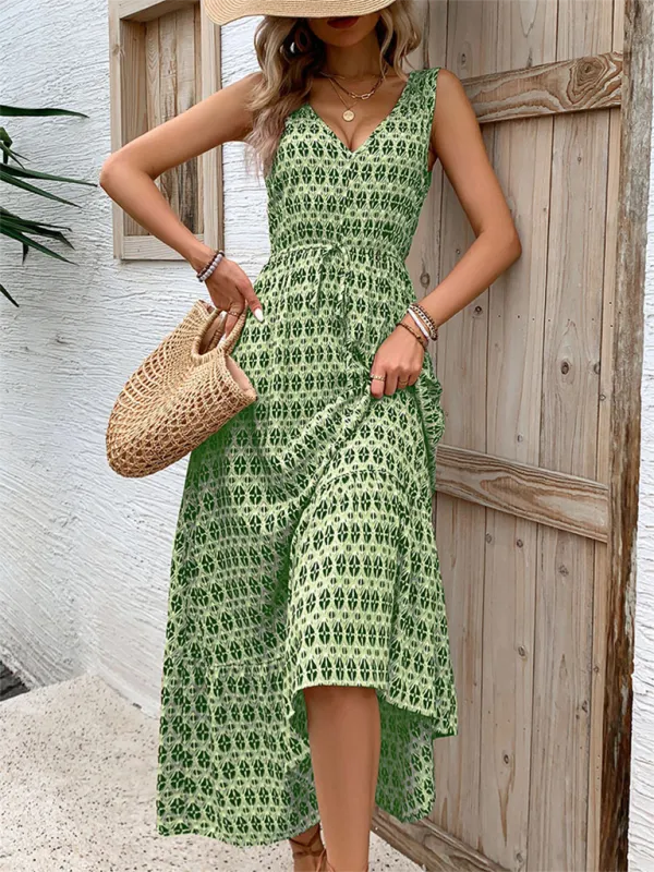 Geometric Diamond Print Maxi Dress with Drawstring Waist