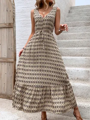Geometric Diamond Print Maxi Dress with Drawstring Waist