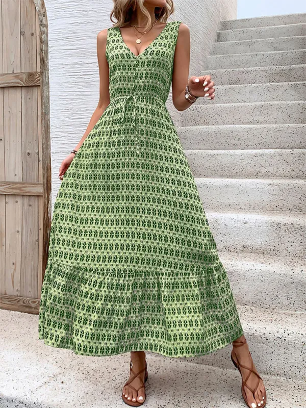 Geometric Diamond Print Maxi Dress with Drawstring Waist