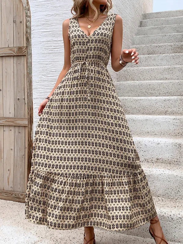 Geometric Diamond Print Maxi Dress with Drawstring Waist