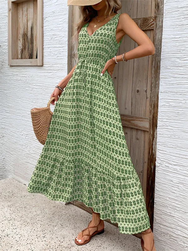 Geometric Diamond Print Maxi Dress with Drawstring Waist
