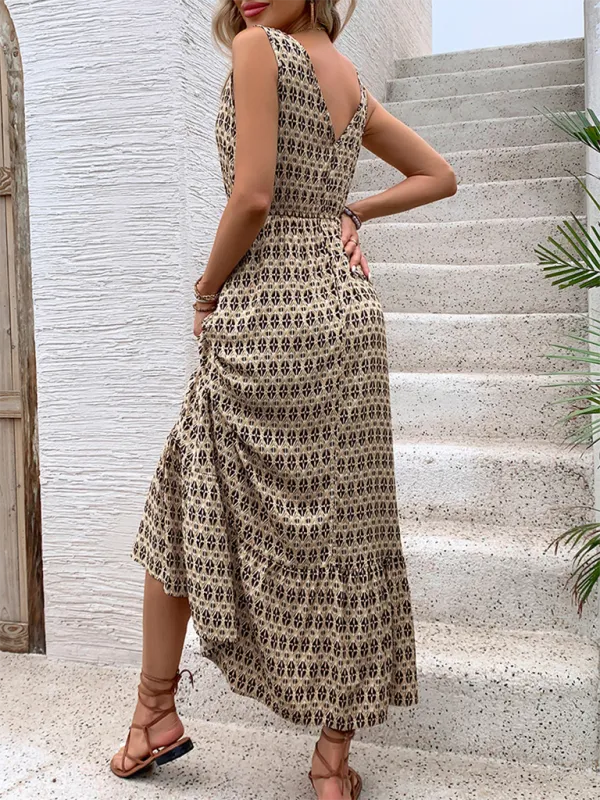 Geometric Diamond Print Maxi Dress with Drawstring Waist