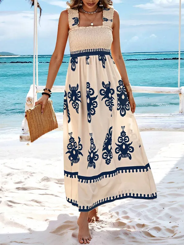 Geometric Print Maxi Dress with Smocked Bodice and Cross Front