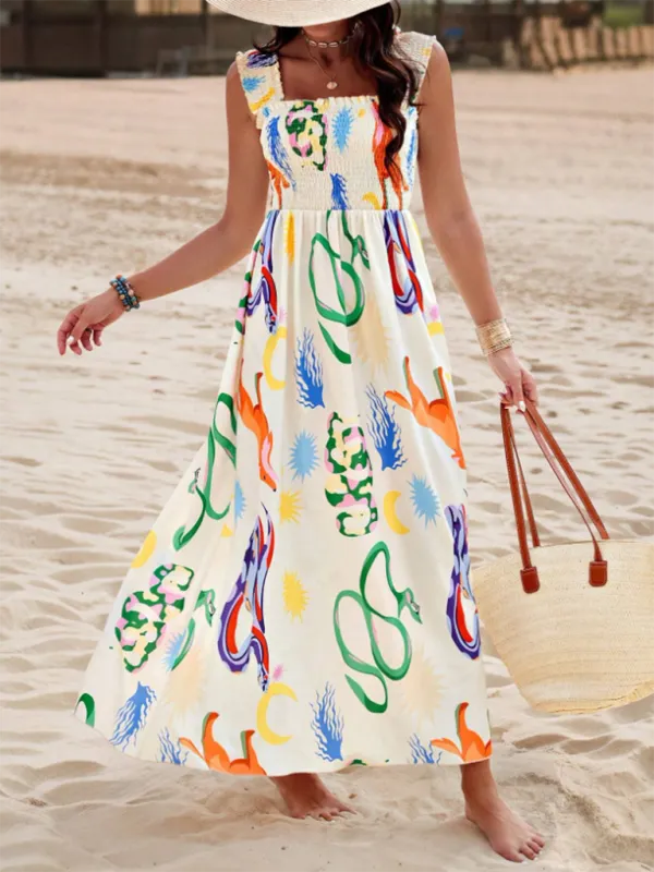 Geometric Print Maxi Dress with Smocked Bodice and Cross Front