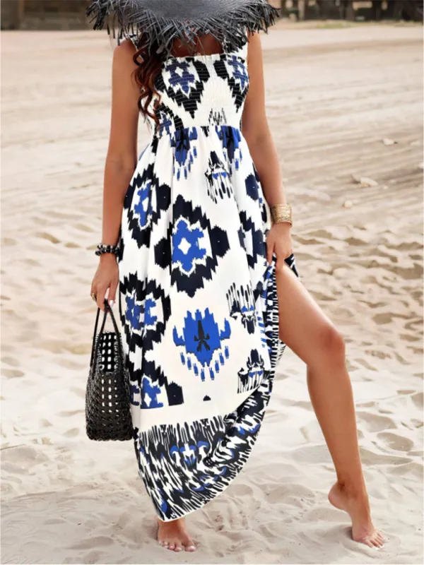 Geometric Print Maxi Dress with Smocked Bodice and Cross Front