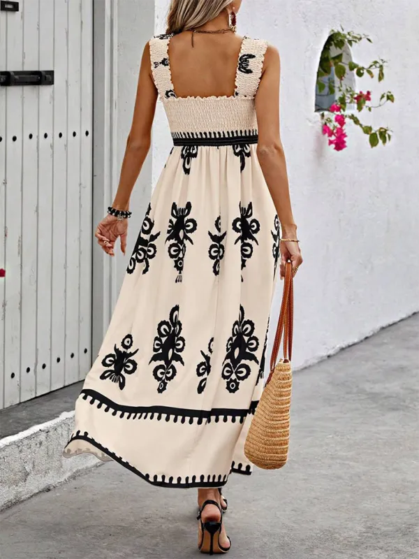 Geometric Print Maxi Dress with Smocked Bodice and Cross Front