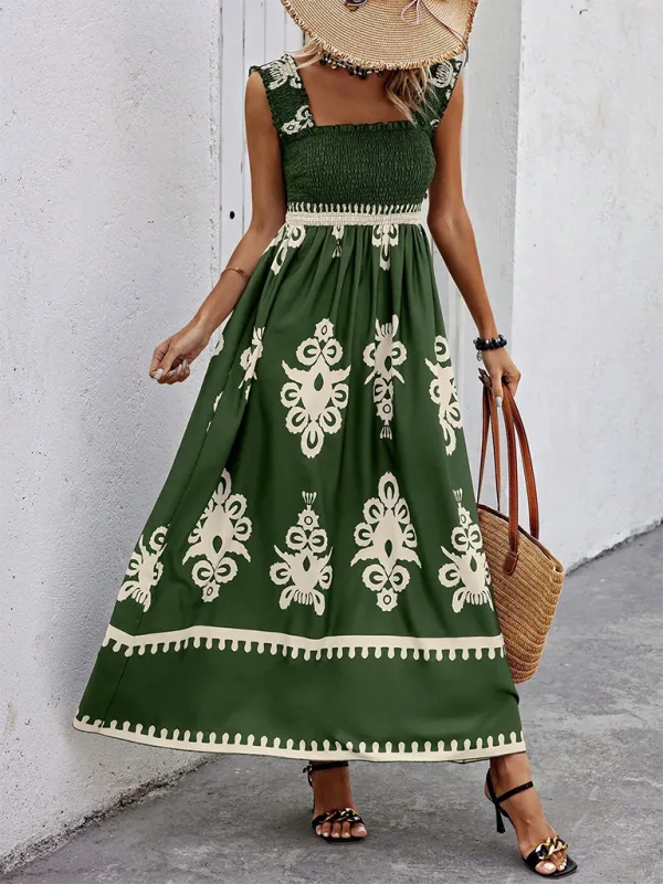 Geometric Print Maxi Dress with Smocked Bodice and Cross Front