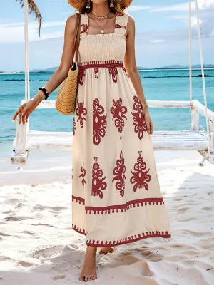 Geometric Print Maxi Dress with Smocked Bodice and Cross Front