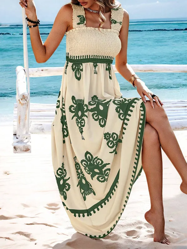 Geometric Print Maxi Dress with Smocked Bodice and Cross Front