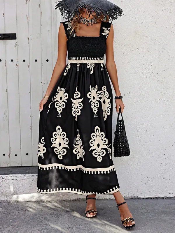 Geometric Print Maxi Dress with Smocked Bodice and Cross Front