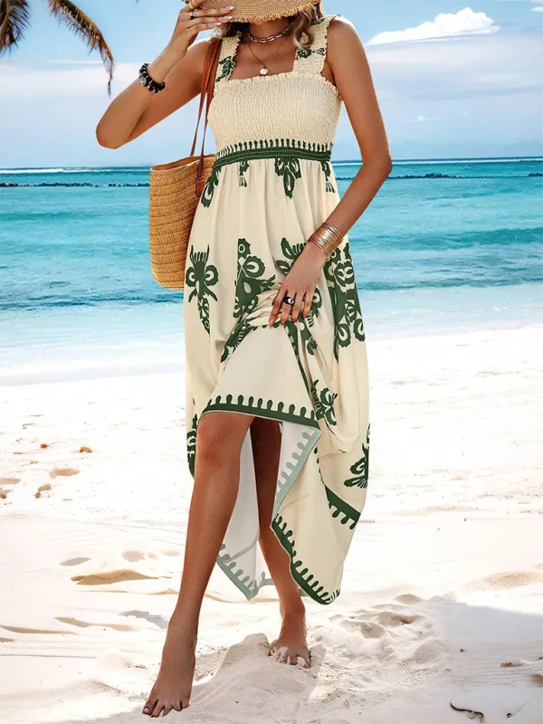 Geometric Print Maxi Dress with Smocked Bodice and Cross Front