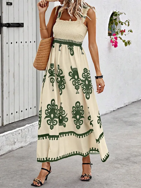 Geometric Print Maxi Dress with Smocked Bodice and Cross Front