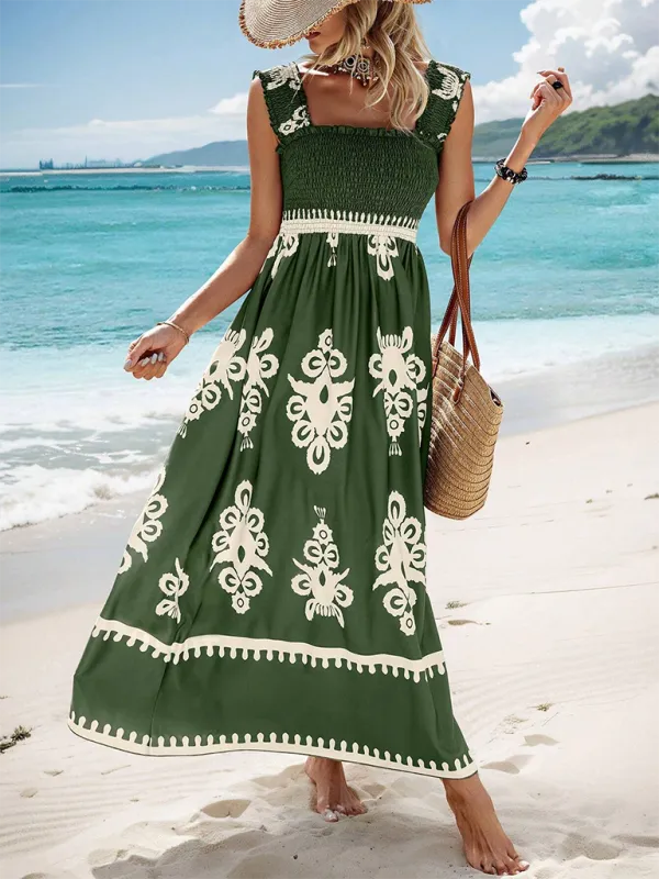 Geometric Print Maxi Dress with Smocked Bodice and Cross Front