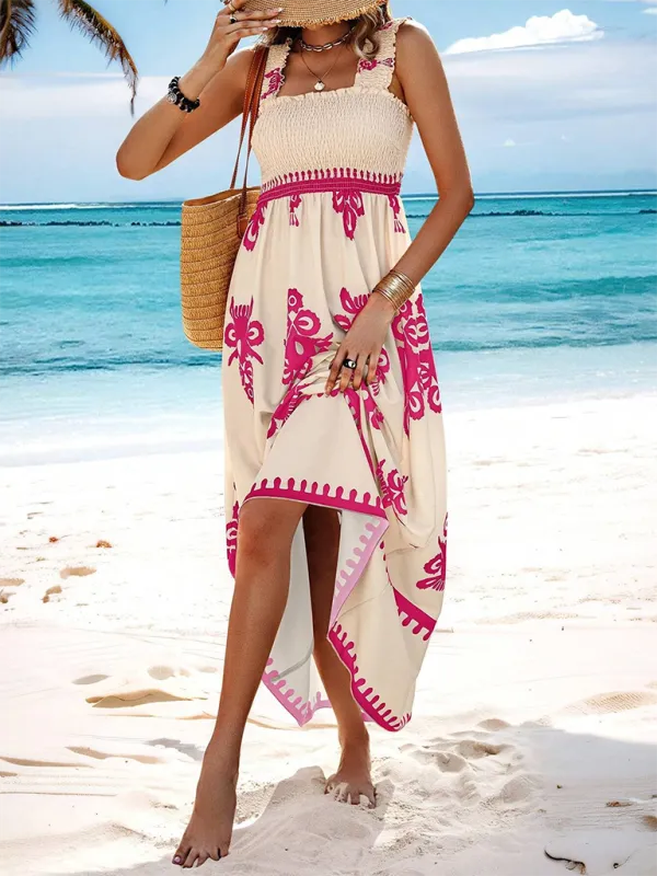 Geometric Print Maxi Dress with Smocked Bodice and Cross Front