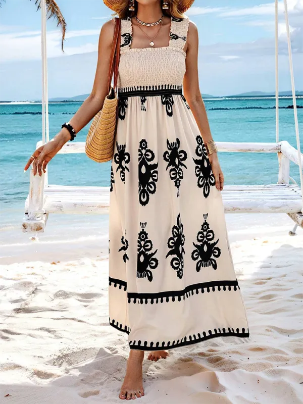 Geometric Print Maxi Dress with Smocked Bodice and Cross Front