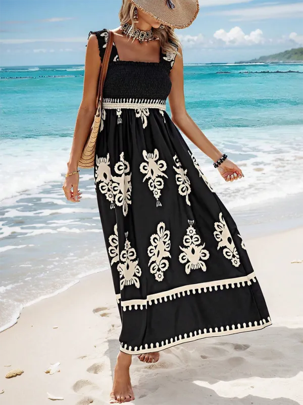 Geometric Print Maxi Dress with Smocked Bodice and Cross Front